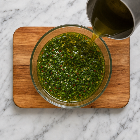Olio extravergine d'oliva caldo aggiunto alle erbe appena mescolate del chimichurri
