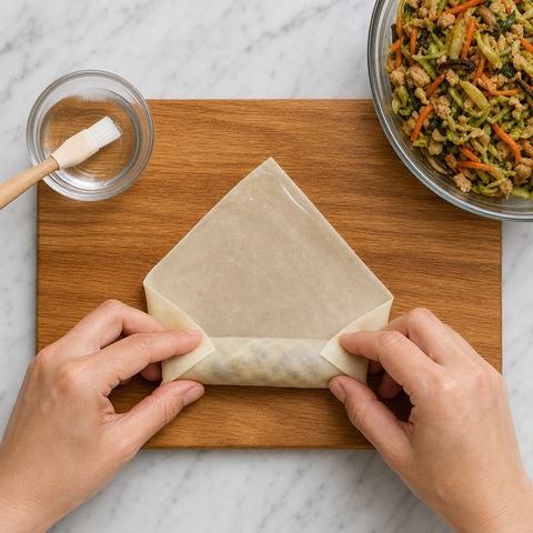 Spring roll wrapper being folded and sealed around the filling