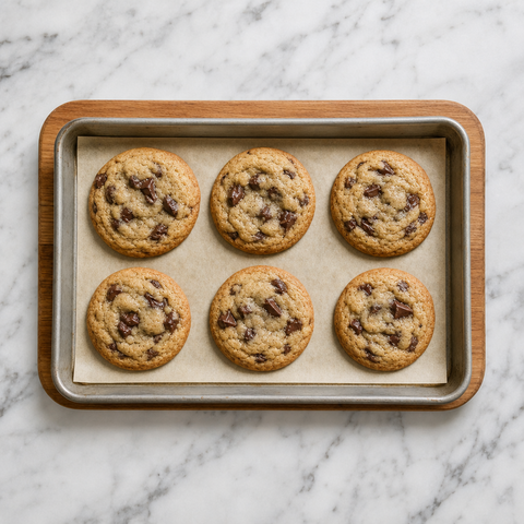 Chocolate chip cookies with golden edges and soft centers on a baking sheet.