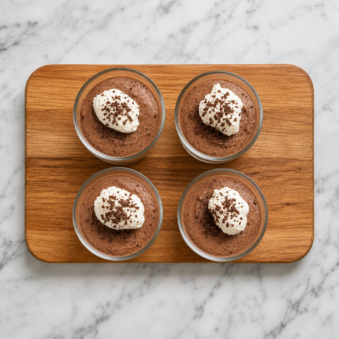 Finished French chocolate mousse with whipped cream and chocolate shavings