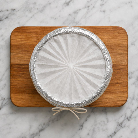 Filled Christmas pudding basin sealed with pleated parchment and foil