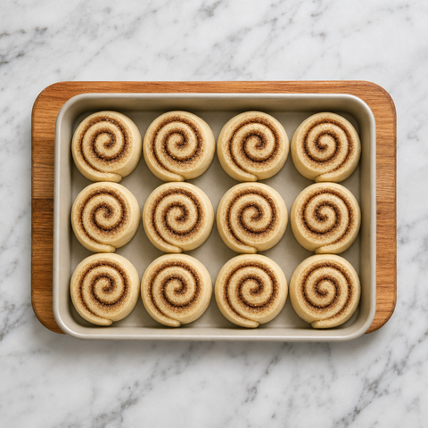 Twelve unbaked cinnamon rolls arranged in a baking pan.