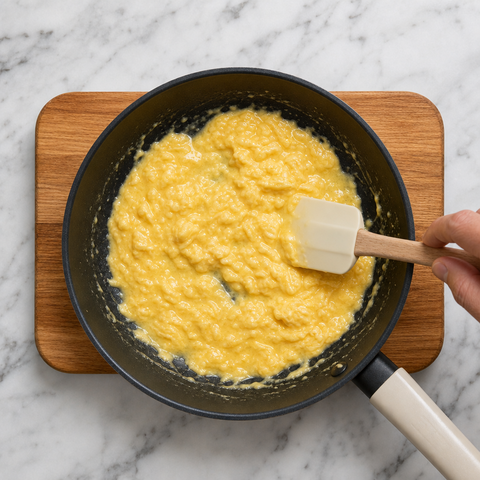Petits grumeaux d’œuf brillants qui se forment dans une poêle pour une omelette française