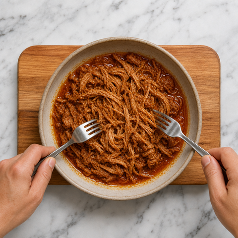 Cochinita pibil pulled into moist, glossy strands