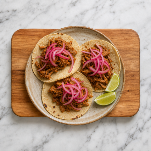 Warm corn tortillas filled with cochinita pibil and red onion