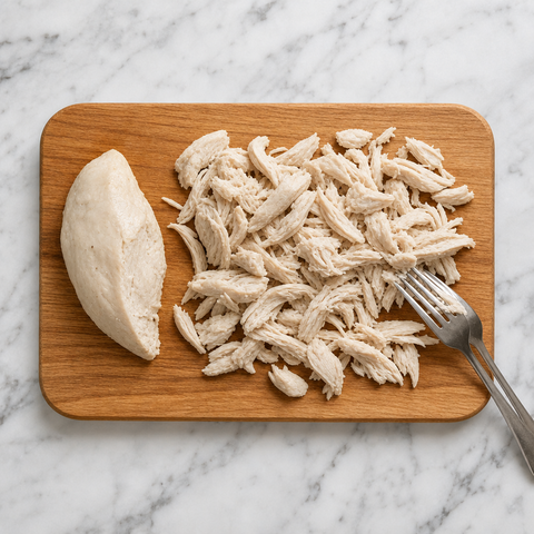 Poached chicken being pulled into bite-size pieces