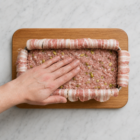 Bacon-lined mold filled with country terrine mixture