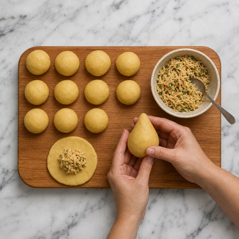Hands shaping a coxinha into a traditional teardrop