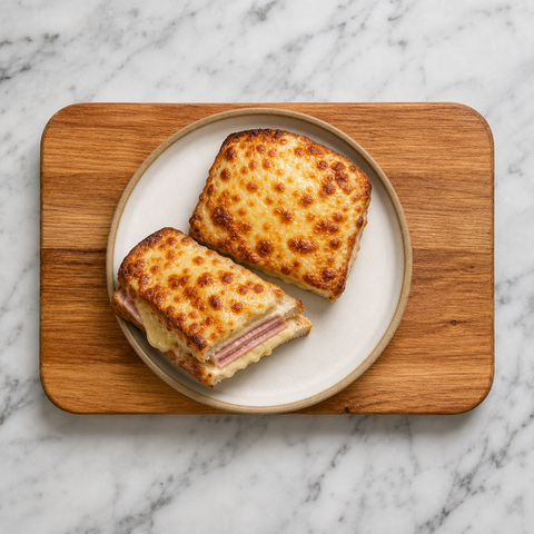 Golden baked croque-monsieur with bubbling Gruyère crust