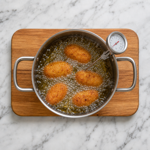 Golden ham croquettes frying until crisp in hot oil