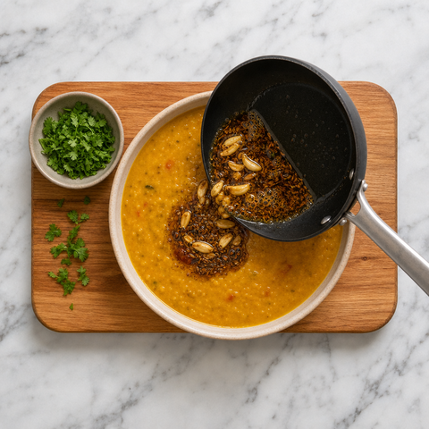 Garlic and cumin tempering poured over creamy dal