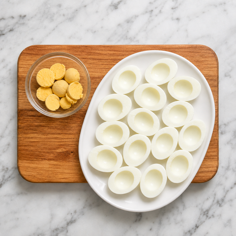 Halved boiled eggs with yolks separated for deviled egg filling
