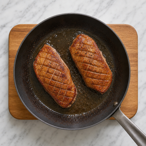 Duck breasts rendering skin-side down until deeply golden and crisp