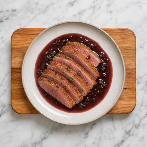 Sliced rosy duck breast with crisp skin and glossy cherry pan sauce
