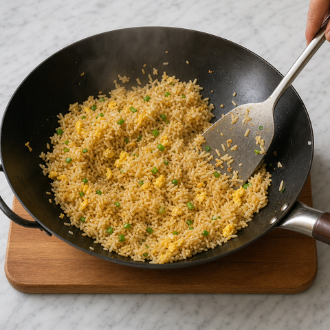 Separate hot rice grains being tossed in a wok until lightly toasted
