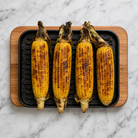 Corn cobs developing deep grill marks over high heat
