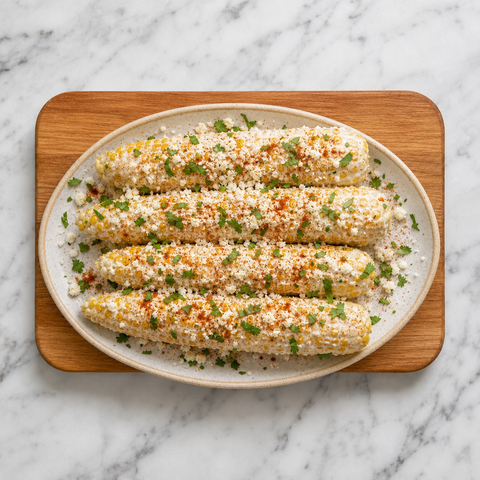 Grilled corn coated with lime crema, cotija, chili, and cilantro