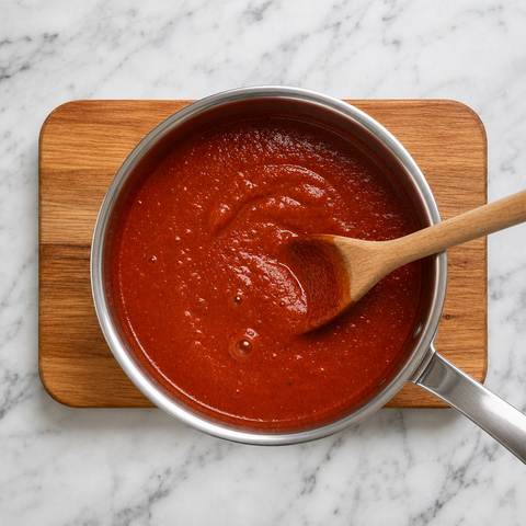 Glatt pürierte Guajillo-Chili-Sauce köchelt in einem Topf