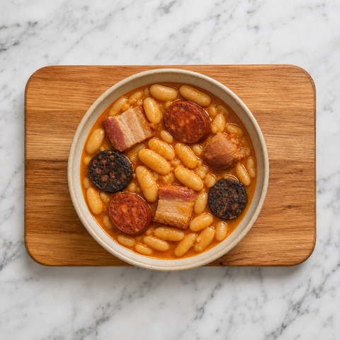 A bowl of Fabada Asturiana with creamy beans, chorizo, morcilla, and pork belly