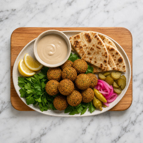 Crisp falafel served with tahini, pita, lemon, and pickles