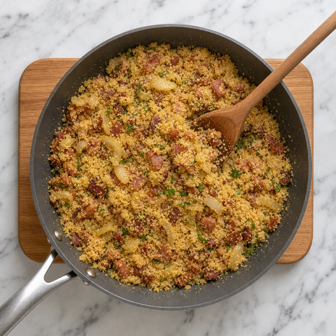 Cassava flour toasting with bacon and onions in a skillet