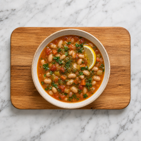 Bol de fasolada grecque garni d’herbes, d’huile d’olive et de citron