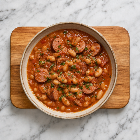 Finished Fasolka po Bretońsku with creamy beans and smoky sausage