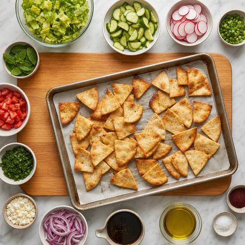 Golden toasted pita pieces cooling on a baking sheet