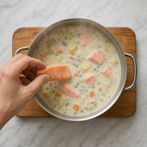 Lachsstücke werden zur cremigen Suppe hinzugefügt