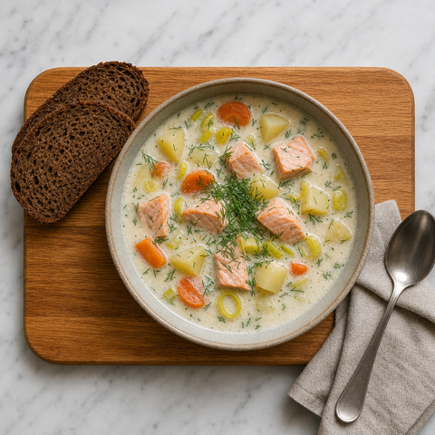 Cremige finnische Lachssuppe mit frischem Dill garniert