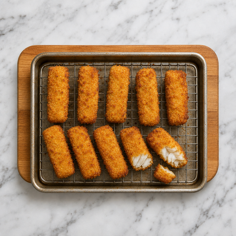 Golden baked fish fingers with flaky opaque cod inside