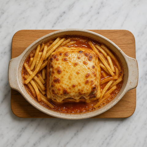 Francesinha mit blubberndem geschmolzenem Käse und reichhaltiger Biersauce