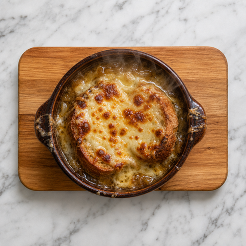French onion soup with bubbling browned Gruyère