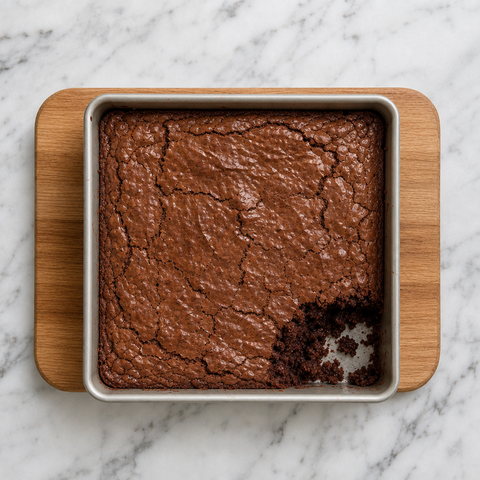 Freshly baked brownies with a crackled top and moist center