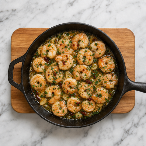 Cooked shrimp in glossy garlic and chile olive oil