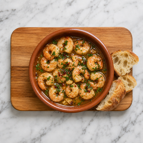 Gambas al ajillo served with parsley and crusty bread