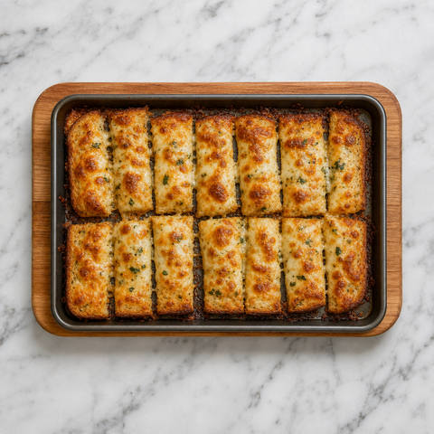 Baked garlic fingers with bubbling cheese and golden edges