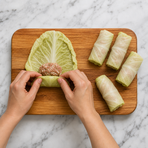 Folding cabbage leaves around filling to form gołąbki