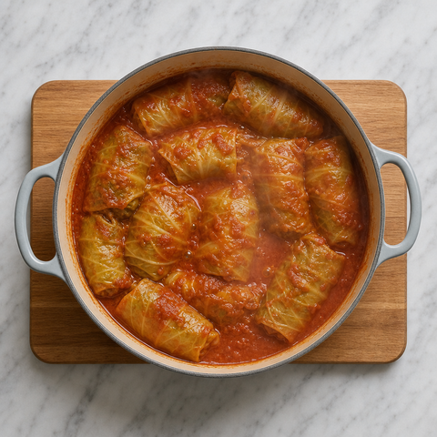 Gołąbki simmering in tomato sauce until tender