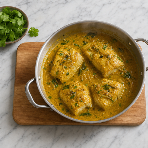 White fish fillets gently simmering in Goan coconut curry