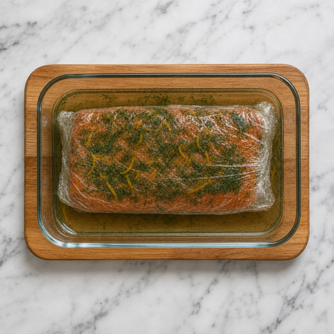 Eingewickeltes Lachsfilet mit Dill und Orangenschale beim Beizen in einer flachen Form