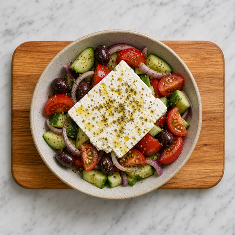 Greek salad finished with a slab of feta and dried oregano