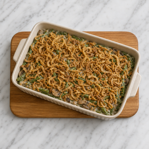 Green bean casserole assembled with crispy onions before baking
