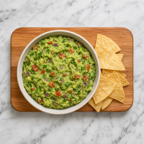 Bowl of fresh chunky guacamole served with tortilla chips