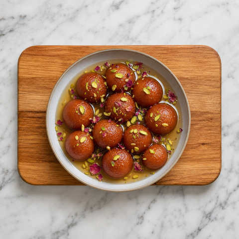 Gulab jamun brillants servis dans un sirop à la cardamome et à la rose