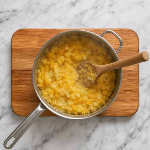Swede and potatoes being mashed together in a saucepan