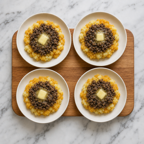 Haggis served with mashed swede and potatoes