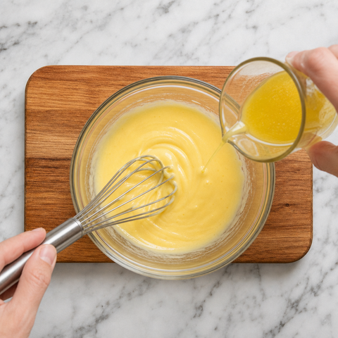 Warm clarified butter being whisked into egg yolks to form a glossy emulsion