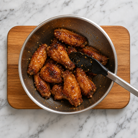 Crisp chicken wings coated in glossy honey-garlic glaze