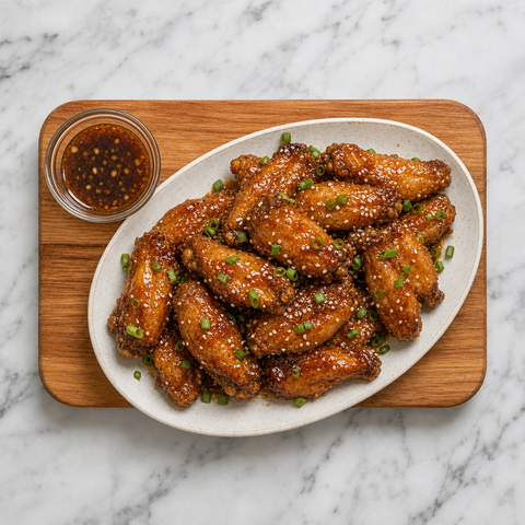Honey garlic chicken wings served on a platter